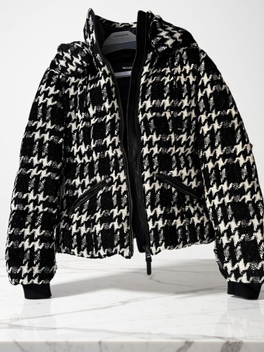 Mackage Madalyn Houndstooth Tweed Down Jacket Removable Hood Black White Metalli - Picture 4 of 13